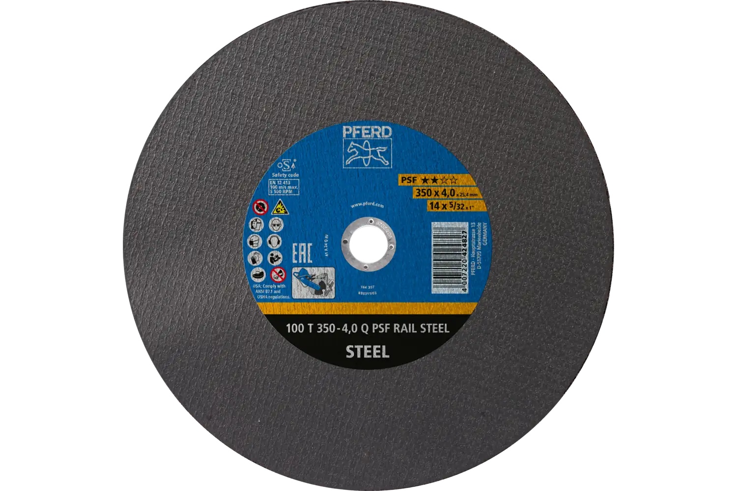 Picture of Pferd Large Diameter Cut-Off Wheel 14" X 1/8 X 1, Psf Rail Steel, Q, Aluminum Oxide